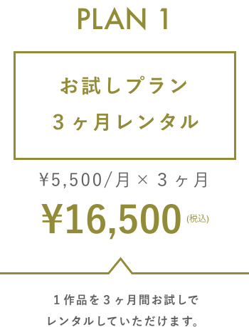 プラン1: お試しプラン3ヶ月レンタル ¥5,500/月×3ヶ月 ¥16,500(税込) 1作品を3ヶ月間お試しでレンタルしていただけます。
